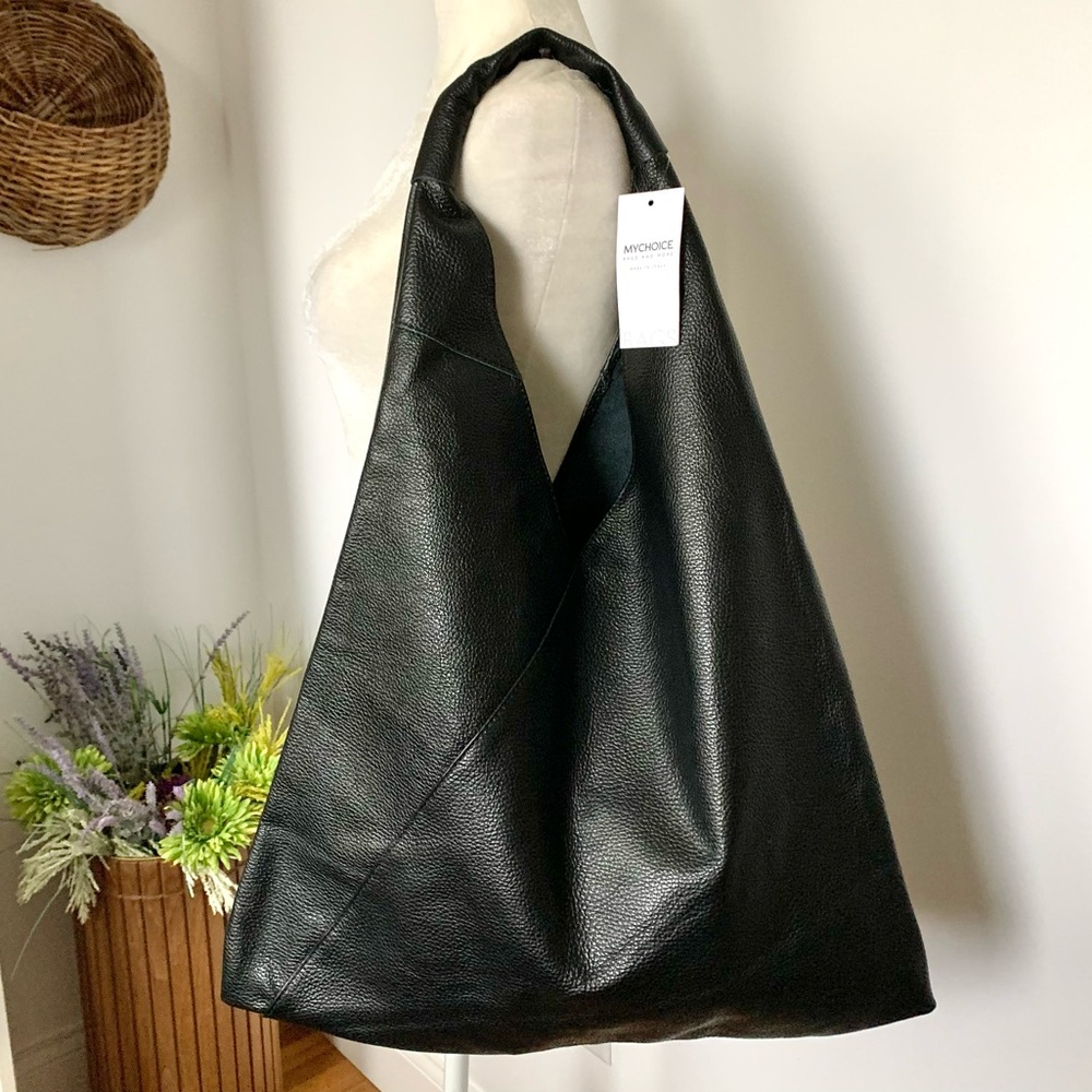 NWT Black Italian Leather Oversized Slouchy Hobo Shoulder Bag My Choice Italy